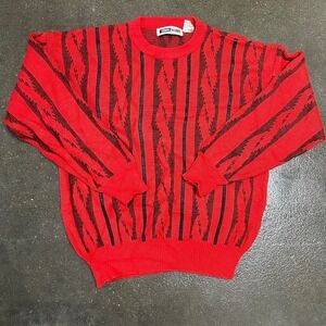 Vintage 80s Urban Works Red Striped Size Large Acrylic Leather Pullover Sweater
